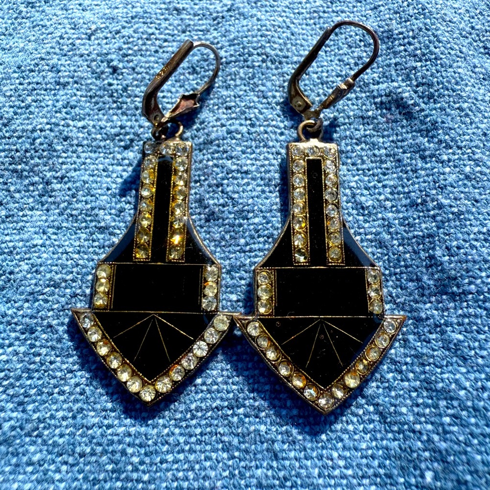 Vintage Art Deco Rhinestone Enamel Black and Gold Drop Earrings